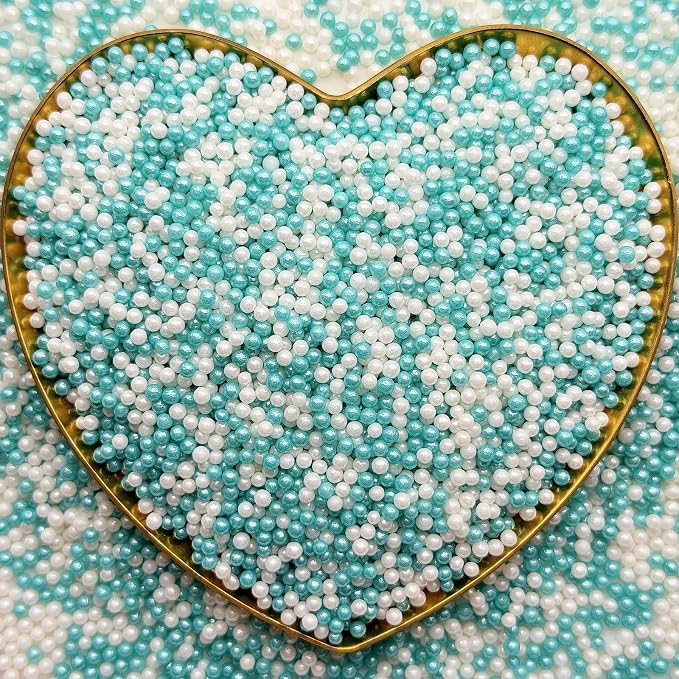 CandiJumpin 2mm Teal and White Edible Pearls, White and Teal Nonpareils Sprinkles Small Pearl Sprinkles for Cake Decorating Mini Sugar Pearls for Baking Baby Shower Party Wedding Christmas Supplies 3 OZ