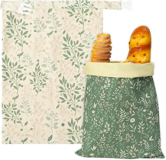 Reusable Beeswax Bread Bags - 2 Pack Bees Wax Food Bag, Homemade Sourdough Bread Storage, 2-in-1 Linen Cotton Large Freezer Container Home Baking Accessories with Lining (Green Leaf)