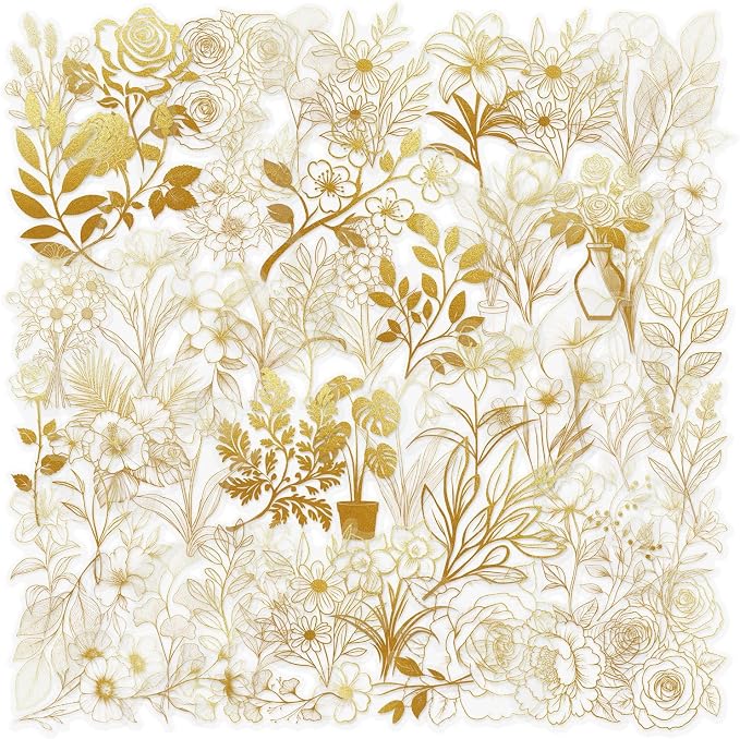 50pcs Transparent Golden Plants Flower Stickers PET Waterproof Nature Flower Decals Decorative for Water Bottles Phone Cases Laptops Scrapbook DIY Crafts Album Journal Plant Enthusiast (Golden Plants)