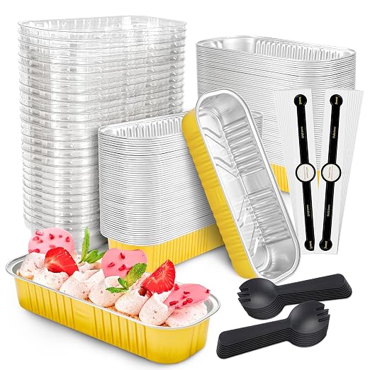 100 Pack Mini Cake Pans with Lids and Spoons, Rectangular Aluminum Foil Bread Pans, Mini Loaf Pans and Food Containers with Lids for Graduation Gifts Party Favors(Gold, 6.8oz)