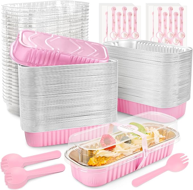 NPLUX Mini Loaf Pans with Lids and Spoons Rectangular Aluminum Foil Baking Pans Mini Cheesecake Containers 6.8oz, Graduation Gifts Party Favors(120 Pack, Pink)