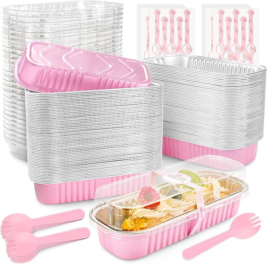 NPLUX Mini Loaf Pans with Lids and Spoons Rectangular Aluminum Foil Baking Pans Mini Cheesecake Containers 6.8oz, Graduation Gifts Party Favors(120 Pack, Pink)