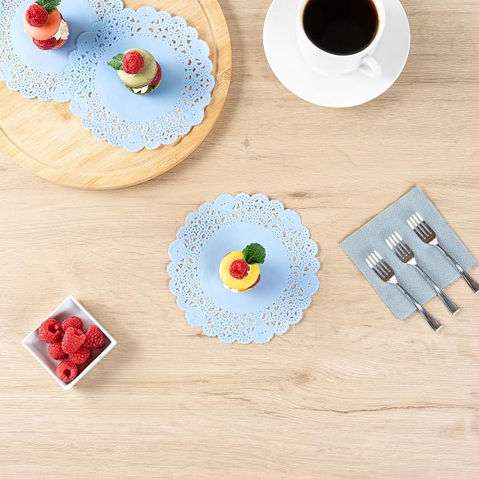 Restaurantware-Pastry Tek 6 x 6 Inch Placemat, 4000 Disposable Table Doilies - Elegant Lace Finish, Long Lasting, Sky Blue Paper Placemat, for Pastries, Cupcakes, Desserts