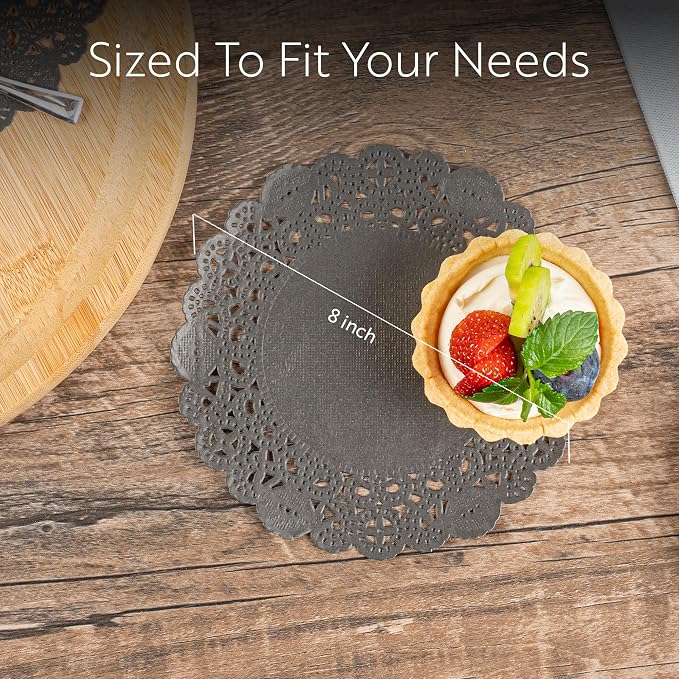 Restaurantware Pastry Tek 6 x 6 Inch Lace Doilies 100 Decorative Tableware Placemats - Disposable Round Black Paper Table Doilies For Birthdays Or Weddings Table Decor