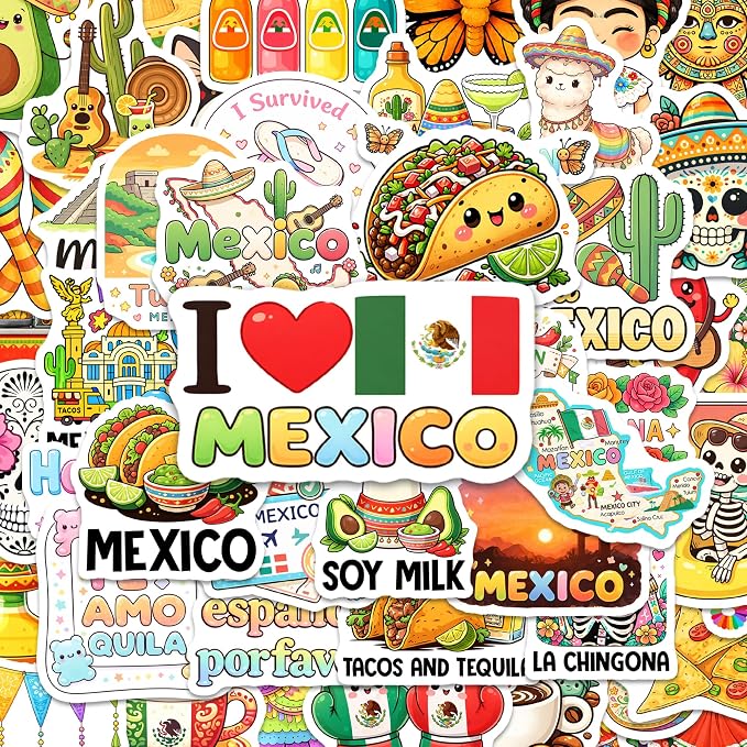 Mexico Stickers 50PCS – Waterproof Vinyl Mexican Decals for Water Bottles, Laptops, Journaling – Non-Repeating Decals, High-Definition Print Gift for Womens