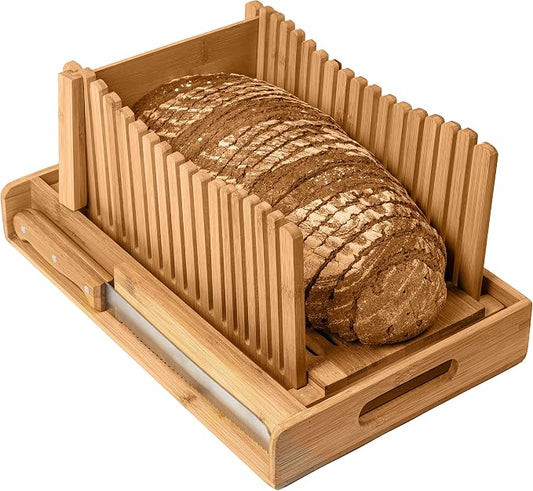 Bamboo Bread Slicer with Crumb Tray Bamboo Bread Cutter for Homemade Bread, Loaf Cakes, Bagels Slicer, 3 Slice Sizes, Adjustable, Compact, Foldable