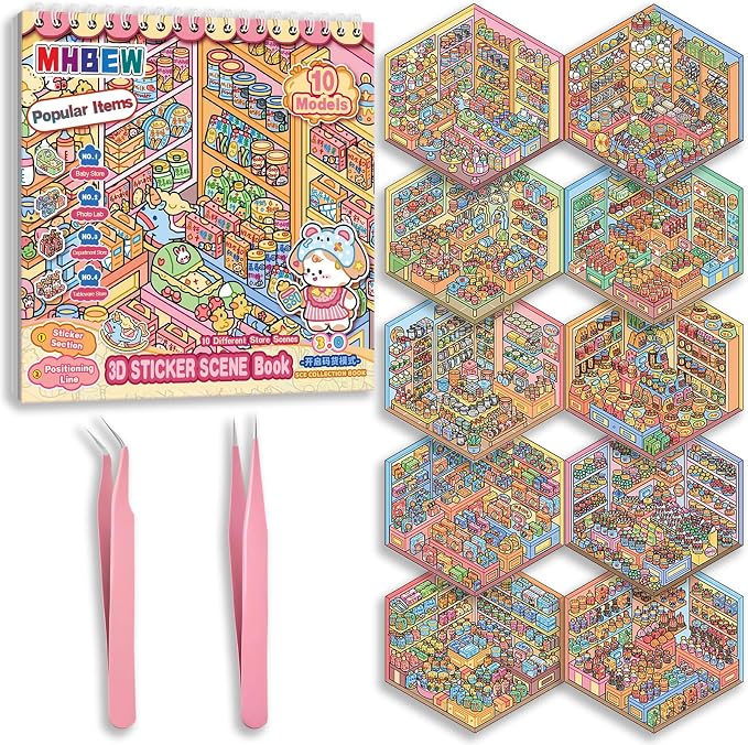 10 Sets Big DIY 3D Sticker Scene Book for Kids Adults Make Your Own Shop House Stickers for Gifts Stickers Therapy for Adult Relief Stress Pass The Time Supermarket Bakery Toy Cosmetics Store