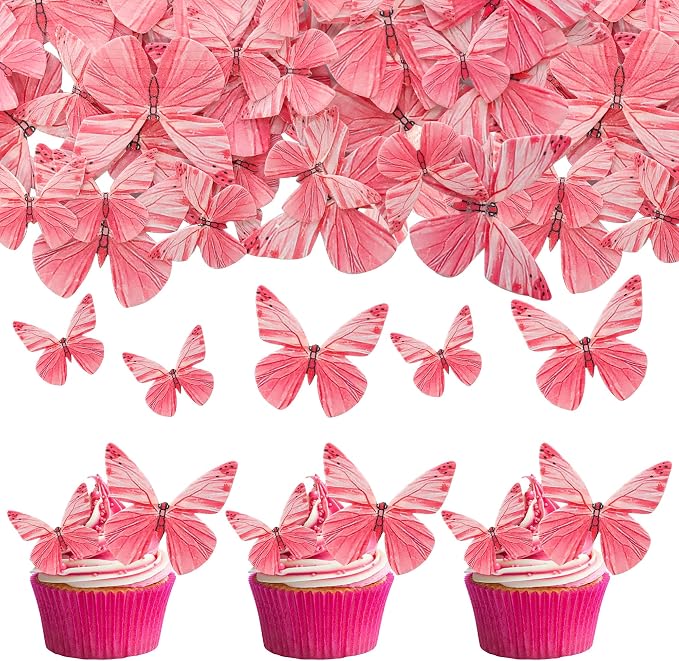 Gyufise 72Pcs Edible Cupcake Toppers - Butterfly & Rose Red Cake Decoration for Baby Shower & Kids Birthday Party