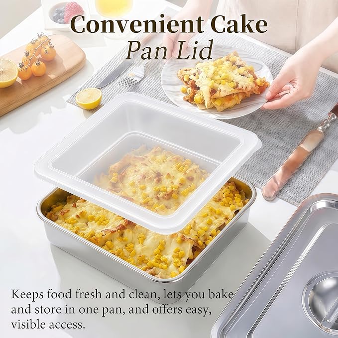 8x8 Baking Pan with Lid, Stainless Steel Brownie Pan, Square Cake & Casserole Bakeware, Heavy Duty Non-Toxic Oven Pan, Dishwasher Safe (2 Pans + 2 Lids)