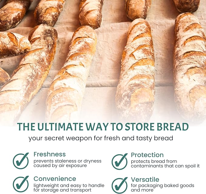 Plastic Bread Bags for Homemade Bread (6x28 inch) - Clear Baguette Bag with Ties For An Airtight Moisture-free Preservation and Storage