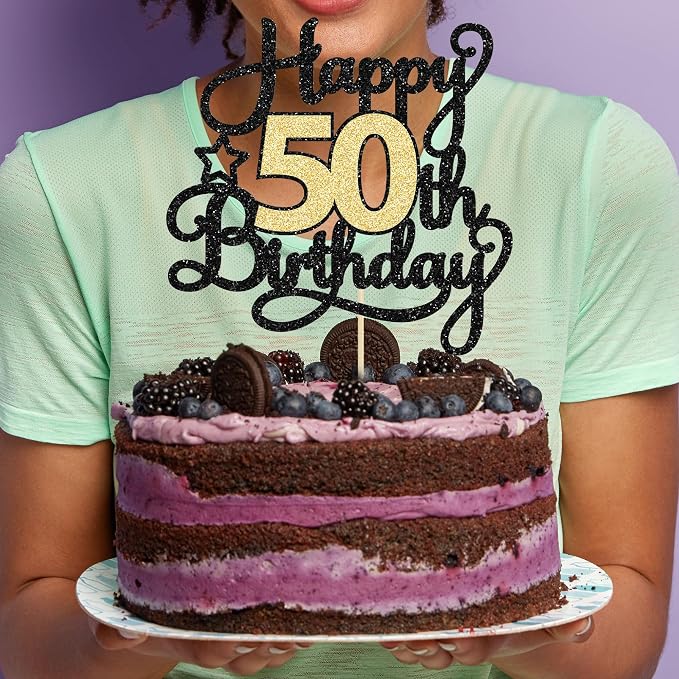 Ephlyn Happy 50th Birthday Cake Topper, 1Pc Black Gold Glitter, 5.9x8.7in, Paper, for Anniversary, Birthday Party Supplies