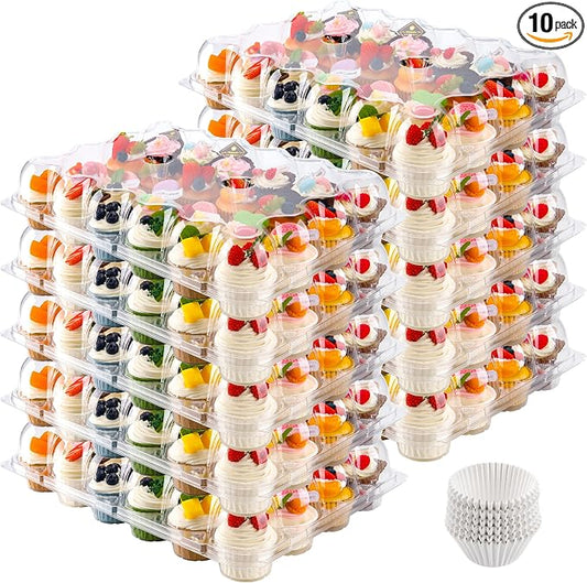 NPLUX 24 Count Cupcake Containers 10 Pack Cupcake Holders Plastic Stackable Cupcake Boxes with Detachable Tall Dome Lids and 240 Liners for 240 Cupcakes, BPA Free, Standard Size