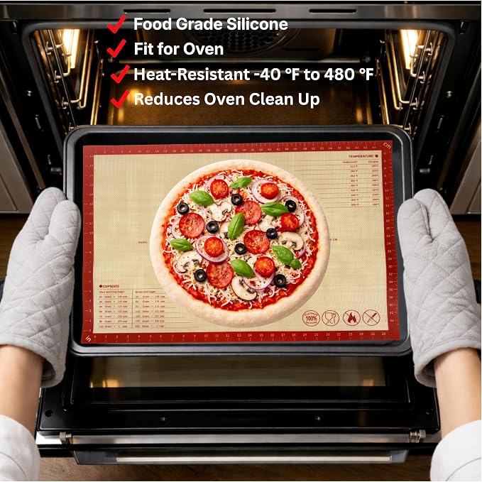 Silicone Pastry Mat with Measurements, 26 x 16 Inch Extra Thick Non-Slip Nonstick Large Baking Mat for Dough Rolling, Kneading, Fondant and Pie, Red