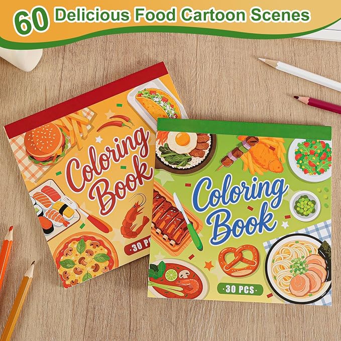 2 PCS World Food Coloring Book for Adults Relaxation and Teens Stress Relief, 60 Pages Spiral Coloring Book for Women,Mindfulness Stress-Free Patterns for Adult to Relax Relieve Anxiety Gifts