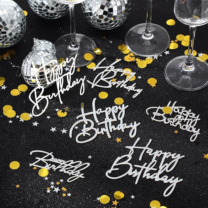 Barydat 24 Pieces Silver Happy Birthday Cake Toppers Mirror Acrylic Cupcake Topper Happy Birthday Sign for Cake Side Cupcake Decorations, 6 Styles