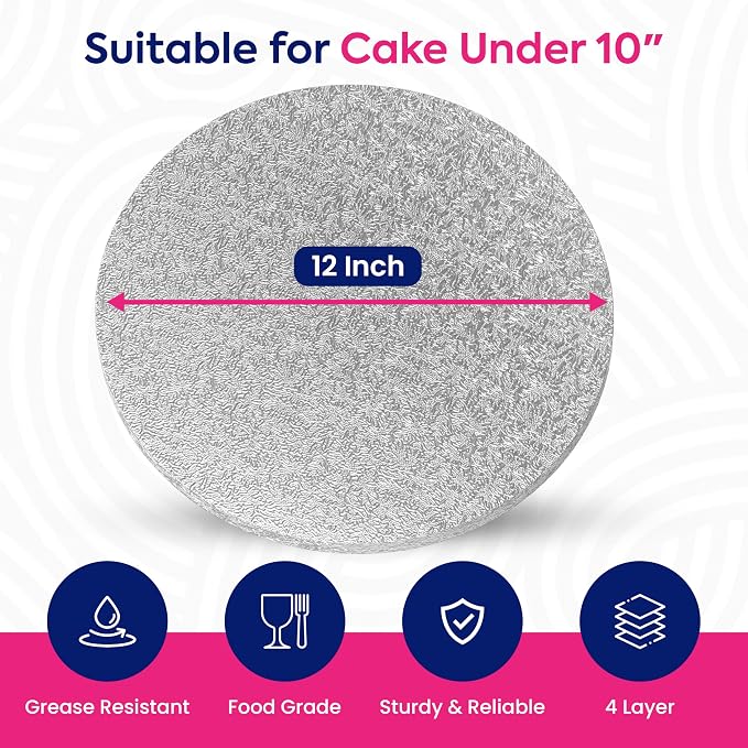 RICCLE Cake Boards - 12 Inch Cake Drum - Smooth-Edged Pack of 6 Cake Drums - Sturdy Cake Boards Round - Bend Resistant Multi-Layered Cake Base for Minimalist Displays (Silver)