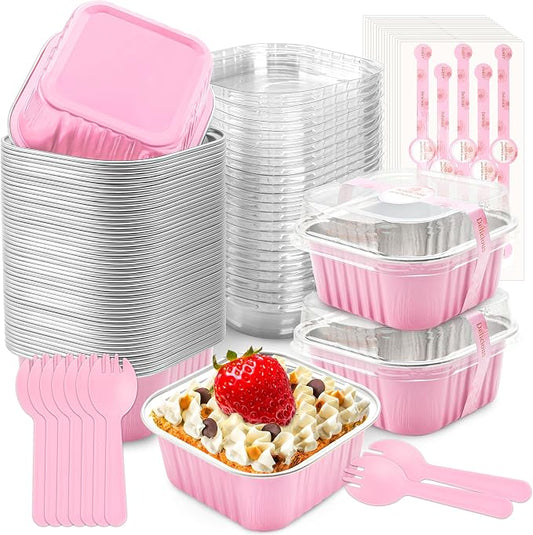 NPLUX 50 Pcs Mini Cake Pans with Lids and Spoons Aluminum Foil Mini Square Baking Cups with Lids Disposable Ramekins Cake Pans Dessert Cups for Wedding, Graduation Gifts Party Favors(Pink,5oz)
