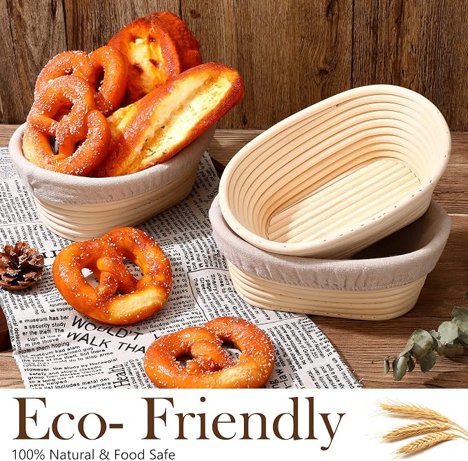 Set of 4 Bread Proofing Basket 8 Inches Oval Shaped Sourdough Bread Proofing Bowl with Liner Rising Rattan Banneton Bowl for Dough Baking