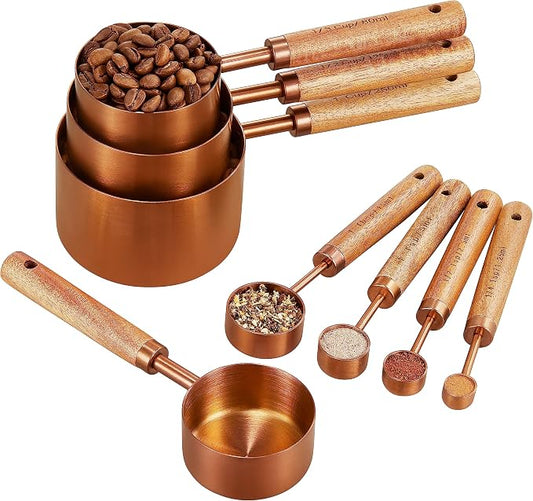 Copper Stainless Steel Measuring Cups and Spoons Set of 8, Wooden Handle with US and Metric Measurements
