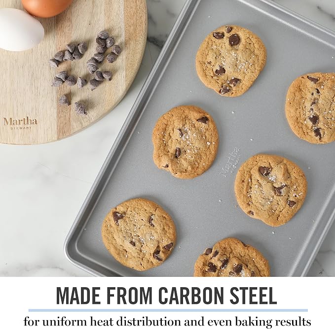 Martha Stewart Gallen 13 x 9 Inch Nonstick Carbon Steel Cookie Sheet - Silver Durable Baking Pan for Cookies, Brownies & Roasting