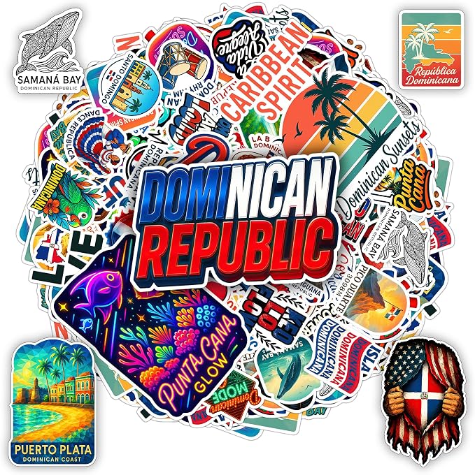 100 PCS Dominican Republic Stickers Pack, Caribbean Travel Vinyl Waterproof Decals of Punta Cana Puerto Plata Samaná Santo Domingo Culture Food Flag Beach Art for Laptop Water Bottle Scrapbook