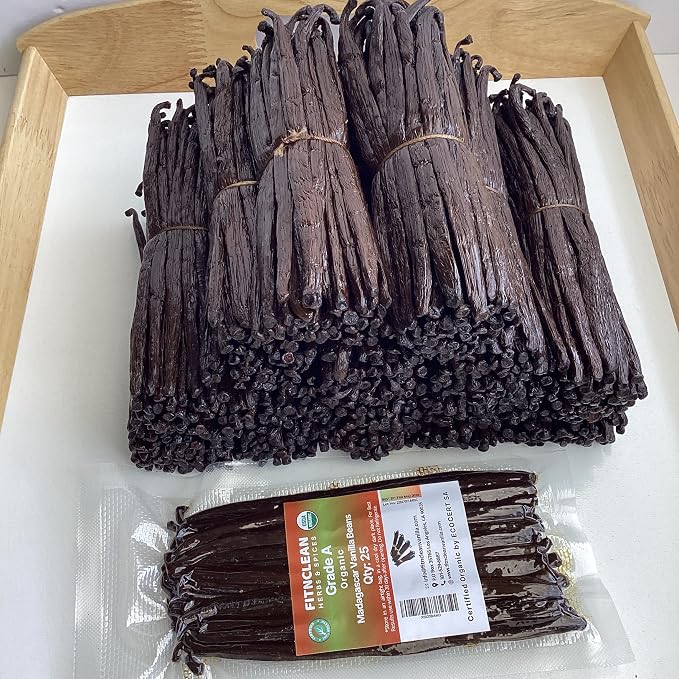 25 Organic Madagascar Vanilla Beans Grade A for Extract, Cooking and Baking by FITNCLEAN VANILLA| Certified USDA Organic. Bourbon Fresh Gourmet NON-GMO Whole Pods