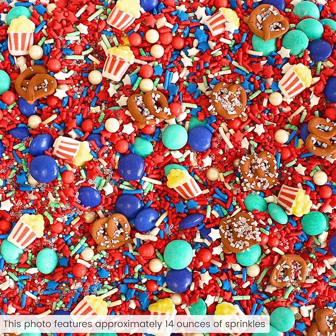 Sprinkle Pop Fairground Faves Sprinkle Mix, with ~6 Pretez & Popcorns, 2oz | fourth of July, independence, memorial, labor, veterans & patriotic day cake, cupcakes, cookies, ice cream dessert decoration
