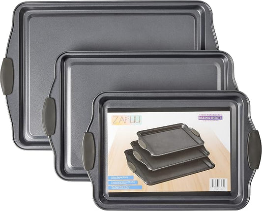 Non-Stick Baking Sheet Set 3 Pcs for Cookies & More, Heavy-Duty Aluminum Baking Sheets with Gray Silicone Handles