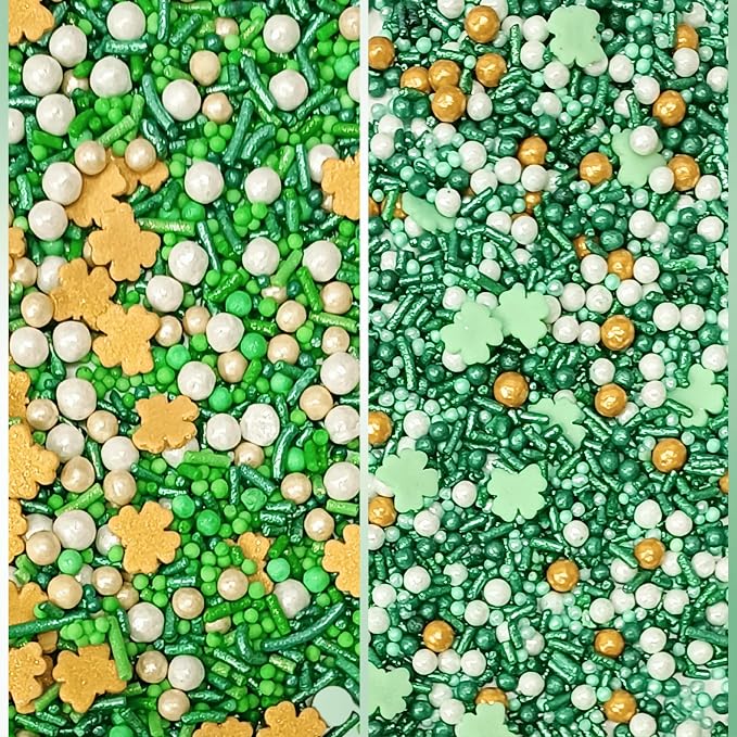 Confect Edible Sprinkles Mix Pack of 5 (5 oz) – Green, Gold & White Sprinkles for Baking – Cake, Cupcake & Cookie Decorations for St. Patrick’s Day, Birthdays & Celebrations | Vegan, Gluten-Free, Nut-Free, Soy-Free, Dairy-Free, Palm Oil-Free - 5 Oz
