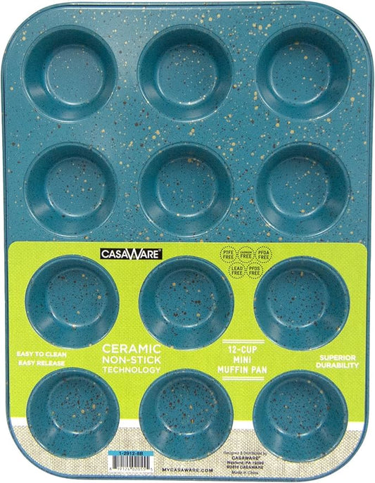 casaWare Mini Muffin Pan 12 Cup Ceramic Coated Non-Stick (Blue Granite)