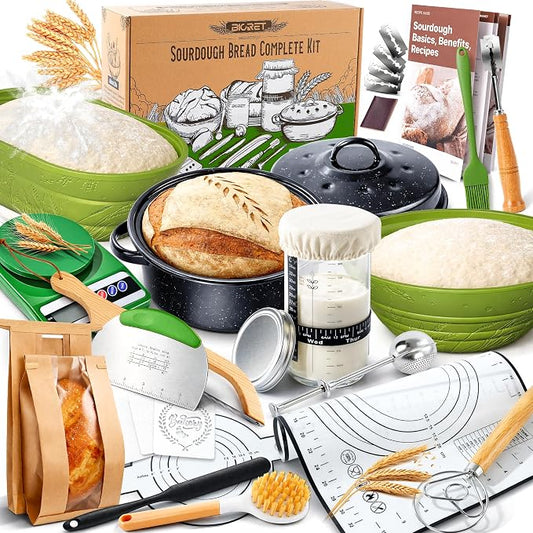 Sourdough Starter Kit for Beginners, 34 oz Starter Jar with Scale Marking, 2 Silicone Proofing Baskets, Complete Bread Baking Kit with Guide & Recipes, Easy to Use & Clean - Green