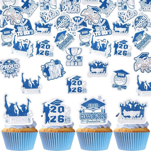 60 PCS Edible 2026 Graduation Cupcake Toppers Class of 2026 Cupake Decorations Edible Done Diploma Congrats Grad Cupcake Picks for 2026 Graduation Theme Party Cake Decorations Supplies Blue Silver