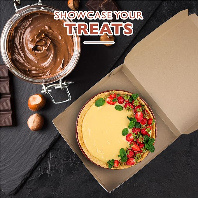 Fit Meal Prep [25 Pack Pie Boxes 10x10x2.5 Kraft Square Bakery Boxes for Cookies, Cheesecake, Chocolate Covered Strawberries, Dessert Brown Paper Cardboard Sweet Boxes for Treats