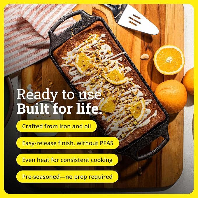 Lodge Seasoned Cast Iron Loaf Pan 10 Inches - Pre-Seasoned Rectangular Cast Iron Bakeware- Even Browning Bread Pan with Easy-Release Finish - PFAS-Free Non-Toxic Cookware