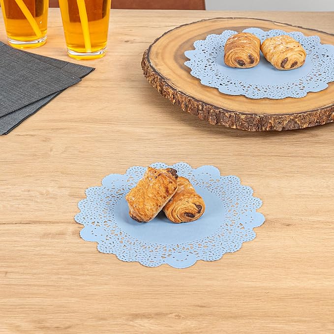 Restaurantware-Pastry Tek 8 x 8 Inch Paper Lace Doilies, 4000 Round Disposable Table Doilies - Elegant Lace Finish, Long Lasting, SkyBlue Paper Lace Doilies, for Pastries, Cupcakes, Desserts