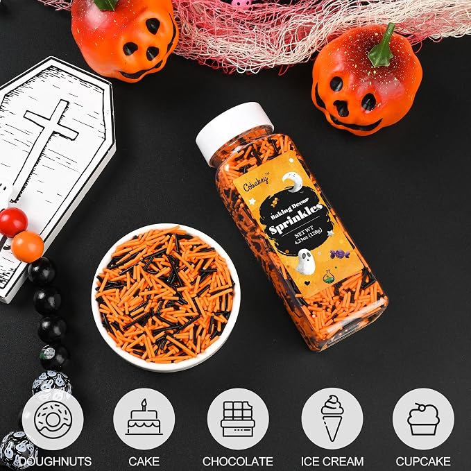 Jimmies Sprinkles for Cake Decorating, Black & Orange Sprinkles Perfect for Cupcake Toppers Wedding Party Valentines Halloween Christmas Supplies 4.23 Ounce
