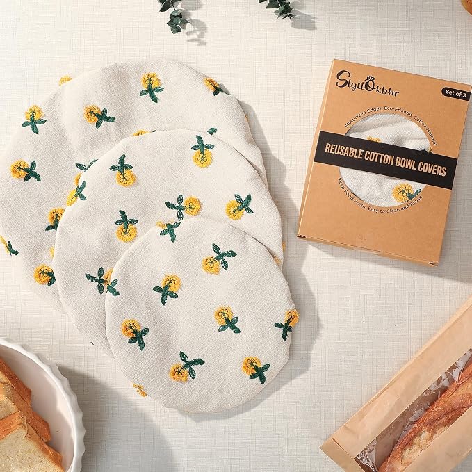 Reusable Bowl Covers for Bread Proofing Baking Embroidered Daisy Linen Cotton Cloth Fabric Washable with Elastic Cover for Food Fruit Salad Eco-friendly (Beige Daisy)