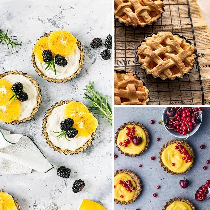 16 Pcs 4 Inch Tart Pans with Removable Bottom, Nonstick Mini Quiche Pan Fluted Sided, Round Tart Pans Carbon Steel for Baking, Fruit Tart, Pies (Dark Gray)