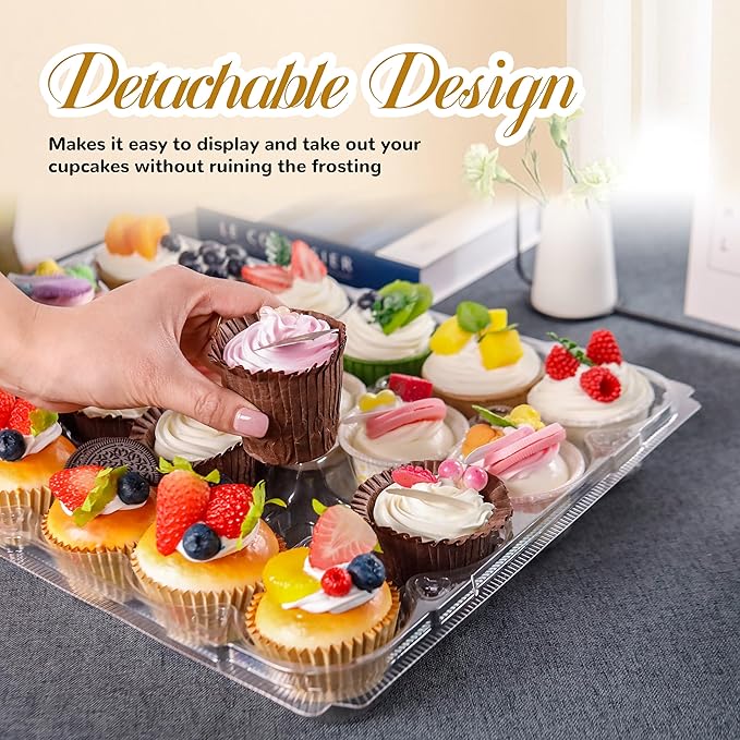 NPLUX 24 Count Cupcake Containers 5 pack Cupcake Holders Plastic Clear Reusable Cupcake Containers with Detachable Tall Dome Lids Stackable Cupcake Boxes for 120 Cupcakes, BPA Free, Standard Size