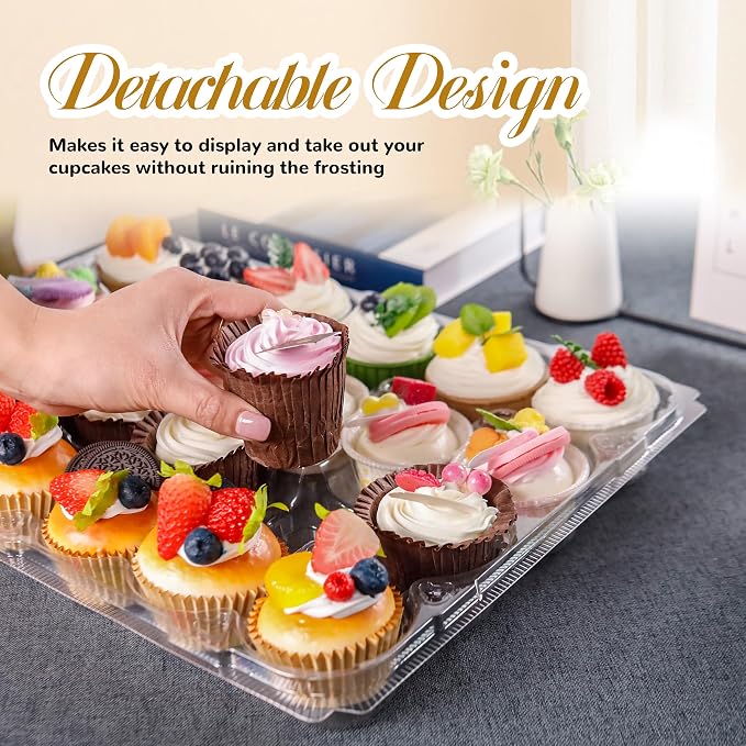 NPLUX 24 Count Cupcake Containers 15 Pack Cupcake Holders with Detachable Tall Dome Lids Clear Plastic Stackable Cupcake Boxes for 360 Cupcakes, BPA Free, Standard Size