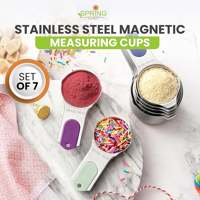 Spring Chef Stainless Steel Magnetic Measuring Cups, Set of 7 & Heavy Duty Magnetic Measuring Spoons, Set of 8 with Leveler - 2 Product Bundle - Winter Frost