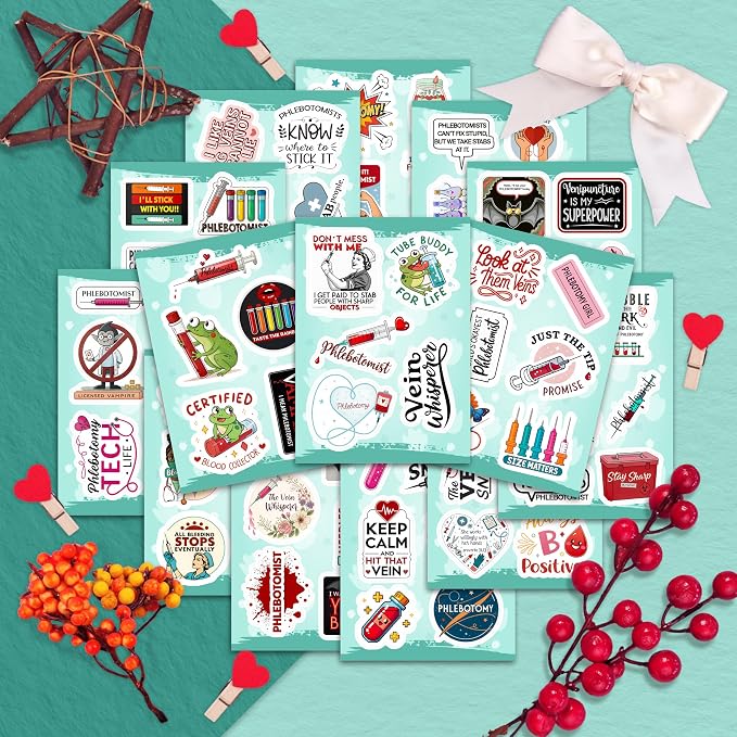 100Pcs Phlebotomy Stickers for Water Bottle, Laptop - Funny Phlebotomy Gifts for Phlebotomist - Phlebotomist Party Supplies & Decorations for Lab Week - Gift for Women & Men