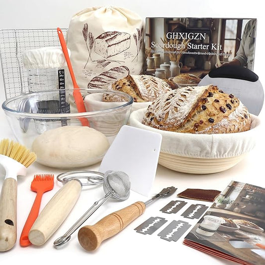 Sourdough Starter Kit with 9" Round & 10" Oval Bread Proofing Baskets | Pure Natural Indonesian Rattan Material and a Complete Set of Homemade Bread Baking Tools suitable for Beginners
