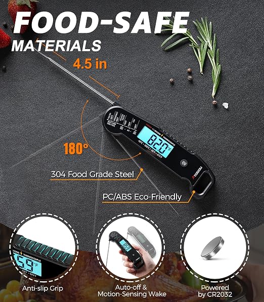Atogou Professional Meat Thermometer Digital for Cooking Food, <1 Sec Instant Read & ±0.5℉ Accuracy, IP67 Waterproof, Thermocouple Sensor Probe, for Kithchen, BBQ, Grill, for Men Him Dad, Black