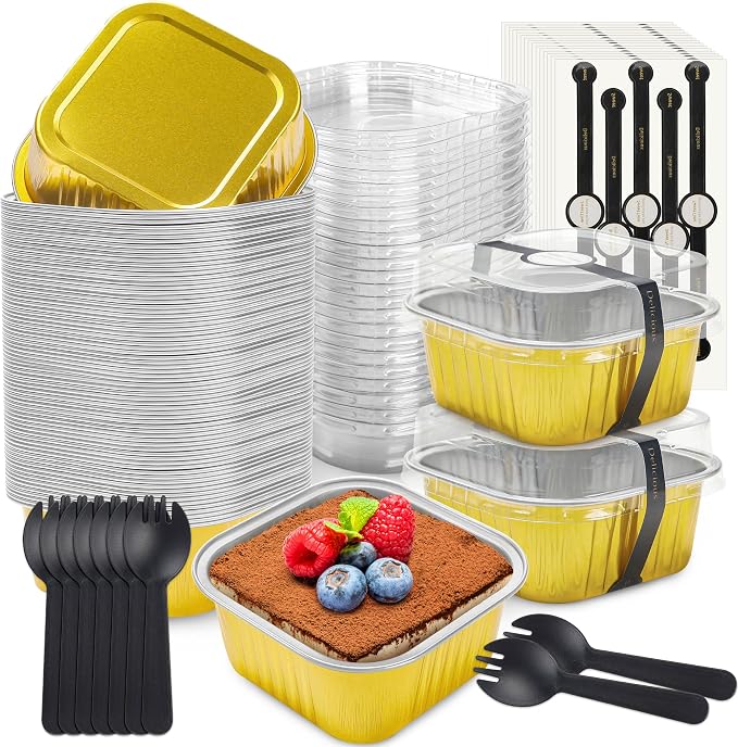 NPLUX 50 Pack Mini Cake Pans with Lids and Spoons Aluminum Foil Pans Square Cake Tins for Bakery Party Wedding, Graduation Gifts Party Favors(Gold,5 oz)