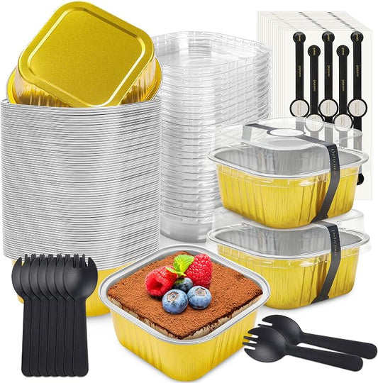 NPLUX 50 Pack Mini Cake Pans with Lids and Spoons Aluminum Foil Pans Square Cake Tins for Bakery Party Wedding, Graduation Gifts Party Favors(Gold,5 oz)