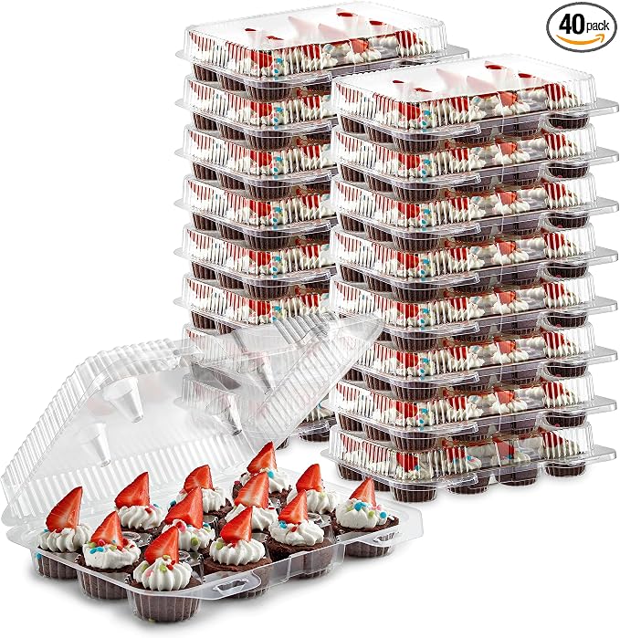 Stock Your Home Mini Disposable Plastic Cupcake Containers (40 Pack) 12 - Count Tray Compartment, Small or Mini Cupcakes Box/Holder/Carrier with Clear Connected Dome Lid, BPA Free