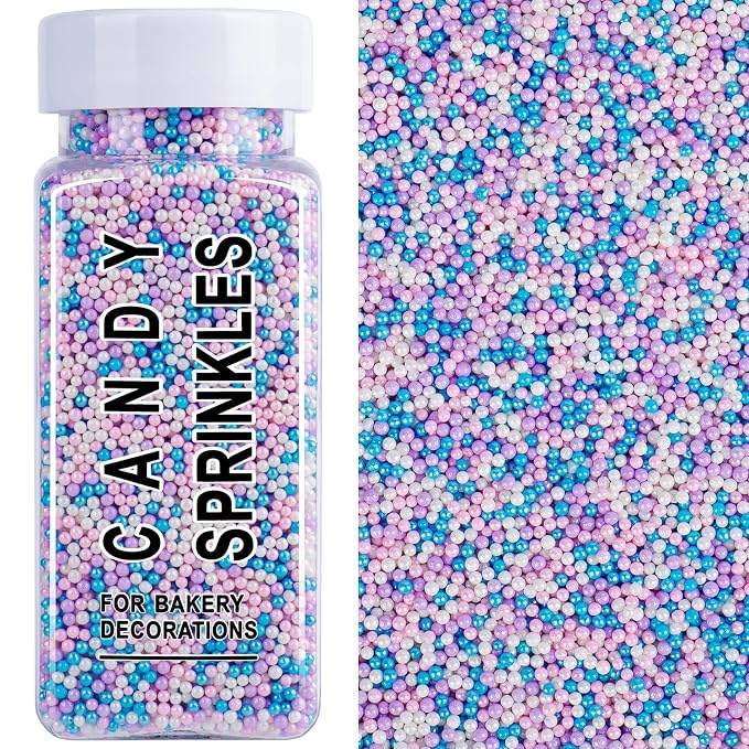 Mermaid Sprinkles, 2mm Pastel Purple Pink Blue Nonpareils Sprinkles for Cake Decorating, 4.6oz Mini Edible Pearls for Baking, Cupcake, Cookie, Ice Cream Toppings, Summer Ocean Holiday Party Supplies