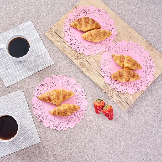 Pastry Tek 8 x 8 Inch Paper Lace Doilies, 4000 Disposable Table Doilies - Elegant Lace Finish, Long Lasting, Pink Paper Doily, for Pastries, Cupcakes, Desserts - Restaurantware