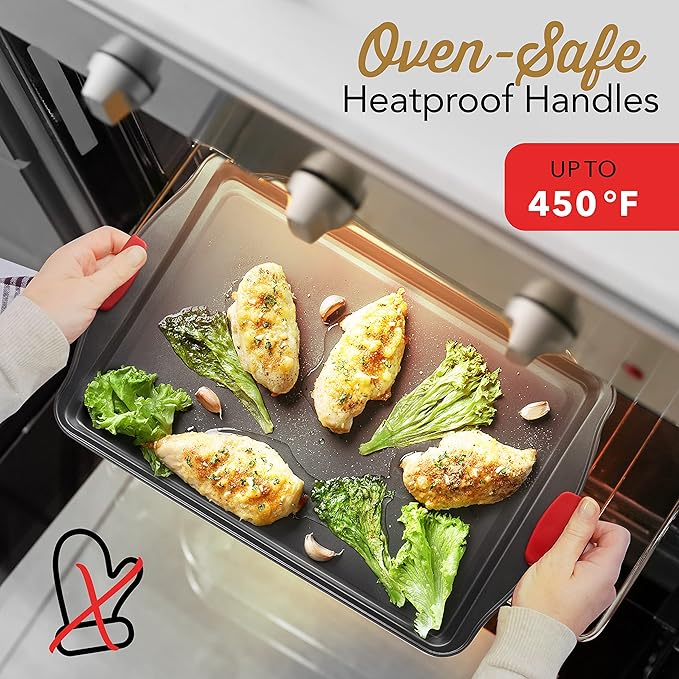 Eatex Nonstick Baking Sheet Set, 2-Piece Baking Pans Set with Silicone Handles, Carbon Steel Cookie Sheets for Baking Commercial Grade Quality Oven Tray, Large Half Sheet Pans for Baking